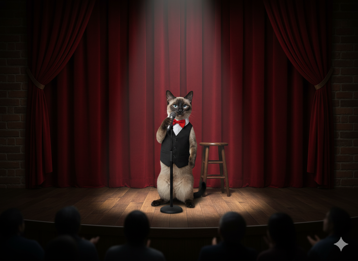 A Siamese cat on stage